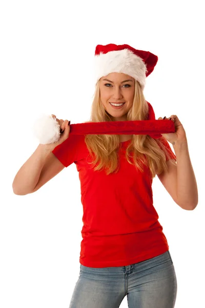 Mignonne femme blonde avec santa chapeau siolé sur fond blanc — Photo