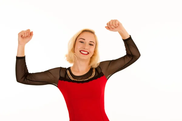 Attrctive young blonde woman gesture success with arms up isolat — Stock Photo, Image