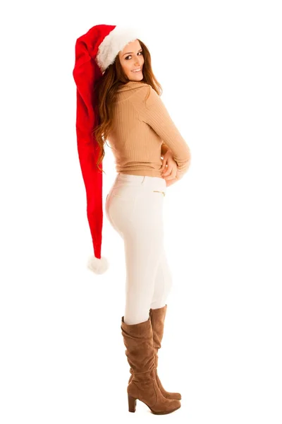 Linda chica morena en vestido de Santa Claus con regalos para Navidad —  Fotos de Stock