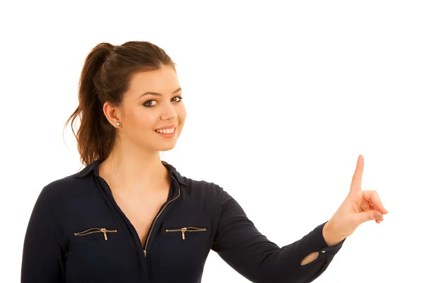 Beautiful business woman pressing a virtual button isolated over — Stock Photo, Image