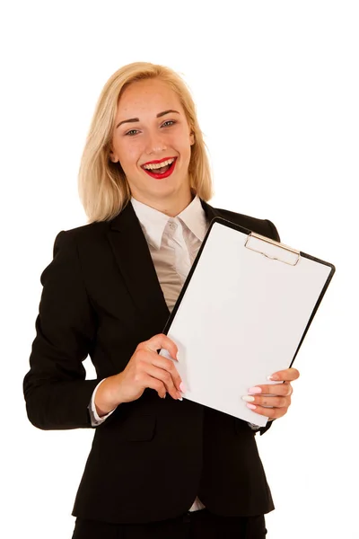 Attractive business woman holding a blank banner for additional — Stock Photo, Image