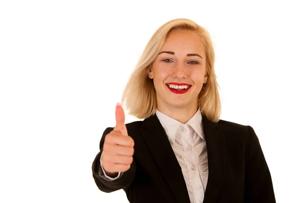 Atraente negócio mulher gesto sucesso com polegar até isolado — Fotografia de Stock