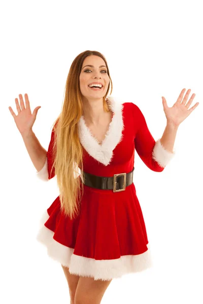 Schöne junge Frau im Weihnachtsmann-Kleid isoliert über weißem B — Stockfoto