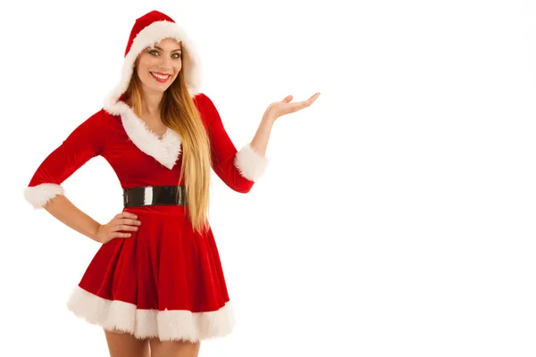 Noel Baba güzel genç kadın giysi izole üzerinde beyaz b — Stok fotoğraf