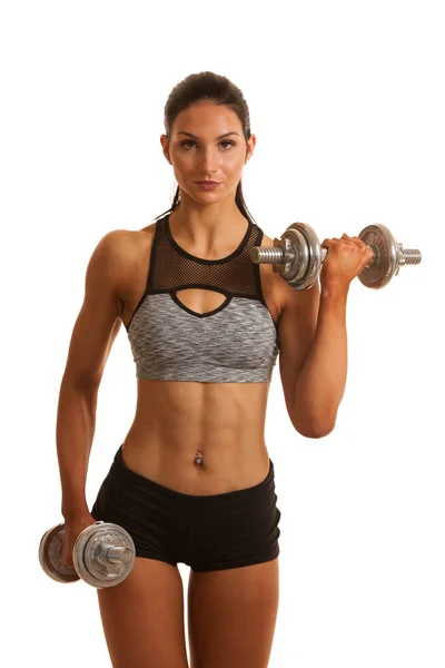 Belíssimo exercício hispânico mulher com halteres estúdio retrato — Fotografia de Stock