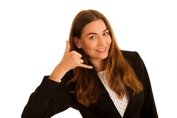 Ελκυστική επιχειρηματική πρακτική γυναίκα χειρονομία φωνάζουν απομονωθεί σε λευκό — Φωτογραφία Αρχείου