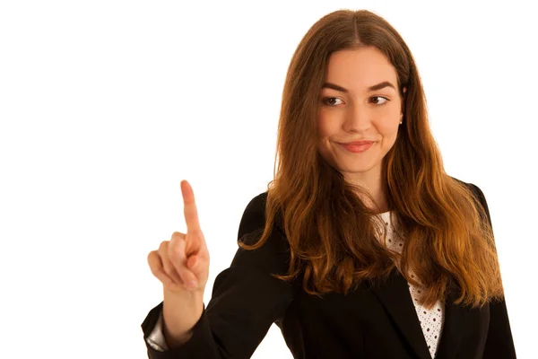 Aantrekkelijke contactpersoonbeheer vrouw indrukken van een knop van de virtua geïsoleerd via — Stockfoto