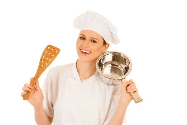 Bonito chef jovem feliz cozinha isolado sobre branco — Fotografia de Stock