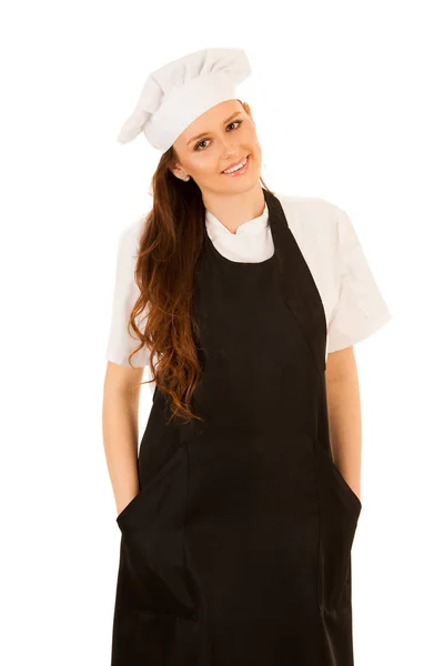 Bela jovem chef mulher no uniforme isolado sobre branco backgr — Fotografia de Stock