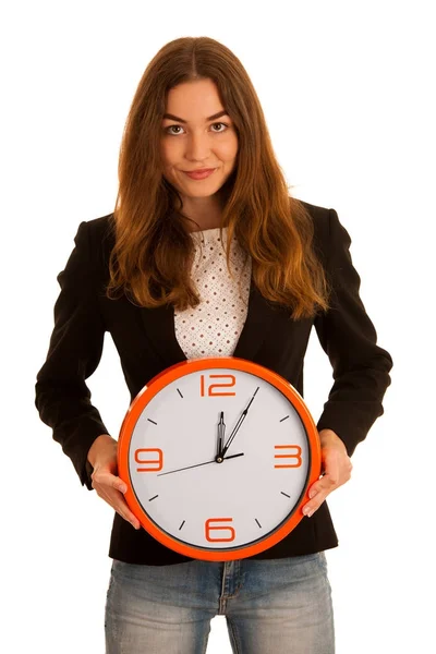 Joven Mujer Negocios Sosteniendo Reloj Aislado Sobre Blanco Gestión Del —  Fotos de Stock
