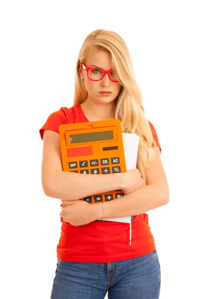 Shocked young student in red t shirt with calculator isolated ov — Stock Photo, Image