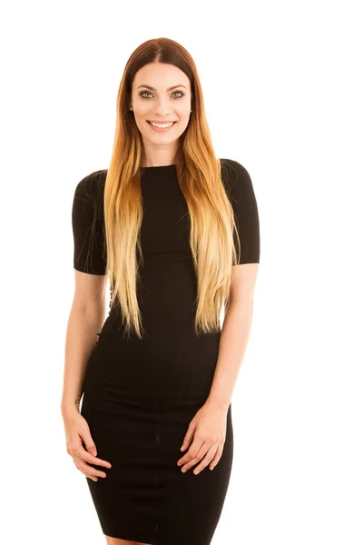 Ung affärskvinna i svart klänning isolerade över vita backgrou — Stockfoto