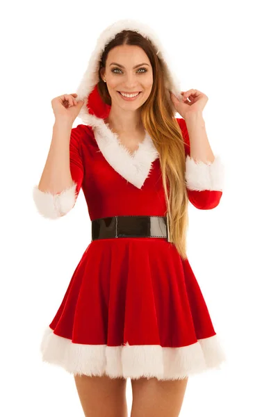 Schöne junge Frau im Weihnachtsmann-Kleid isoliert über weißem B — Stockfoto