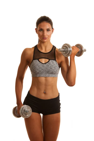 Belíssimo exercício hispânico mulher com halteres estúdio retrato — Fotografia de Stock