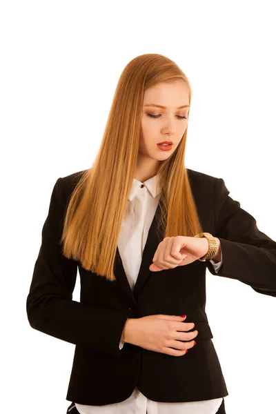 Молодые busienss женщина checkihg часы изолированы над белой backgrou — стоковое фото