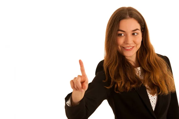 Atraente busienss mulher pressionando um botão virtua isolado sobre — Fotografia de Stock