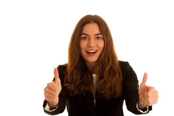 Atractiva mujer de negocios mostrando el pulgar hacia arriba como un gesto para succ — Foto de Stock