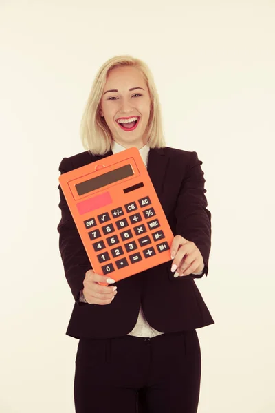 Attractive accountant - beautiful blonde business woman hlding a — Stock Photo, Image