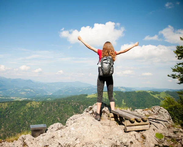 Mulher gesticulando sucesso com os braços para cima depois de subir ao pico — Fotografia de Stock