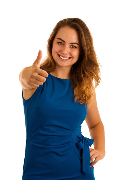 Hermosa mujer joven con vestido azul mostrando el pulgar hacia arriba como un gest —  Fotos de Stock