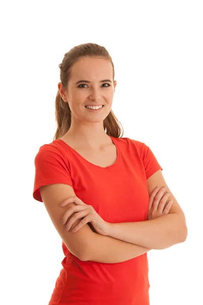 Retrato de bela jovem mulher morena caucasiana feliz em vermelho — Fotografia de Stock