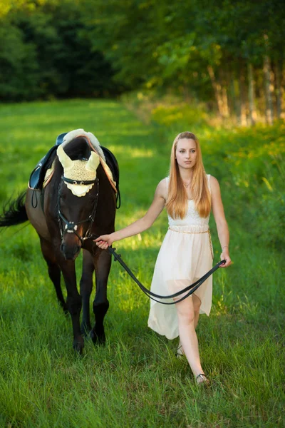 Mulher bonita com cavalo ao ar livre em um passeio na natureza — Fotografia de Stock