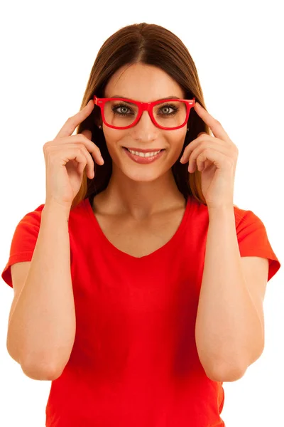Schöne junge Studen mit Brille isoliert über weißem Rücken — Stockfoto