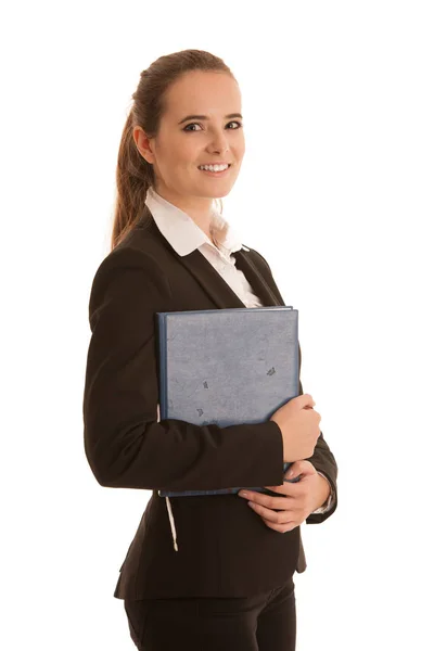 Портрет хищной бизнес-леди с синей папкой i — стоковое фото