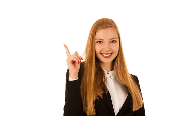 Zakelijke vrouw punt in kopie ruimte geïsoleerd via de witte pagina — Stockfoto