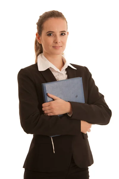 Vállalati portréja egy preety üzleti nő kék dosszié én — Stock Fotó