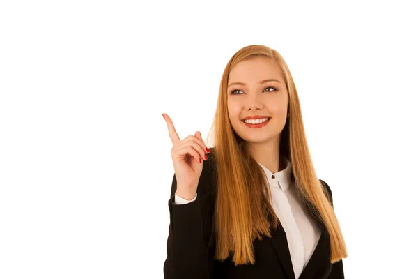 Zakelijke vrouw punt in kopie ruimte geïsoleerd via de witte pagina — Stockfoto