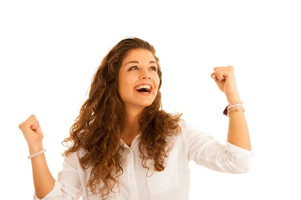 Attractive young business woman in white shirt gesture success w — Stock Photo, Image