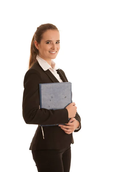 Retrato Corporativo Una Mujer Negocios Presa Con Carpeta Azul Aislada — Foto de Stock