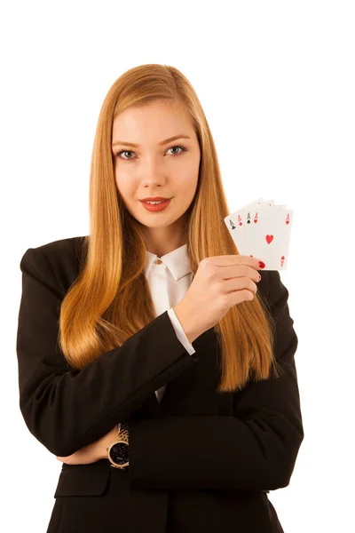 Beautiful Woman Showing Aces Gesture Poger Game Gambling Casino Isolated — Stock Photo, Image