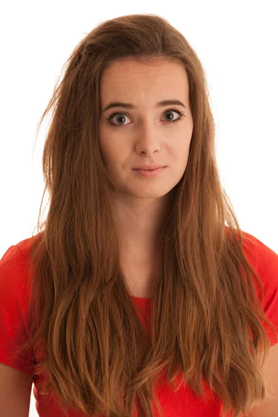 Retrato de una triste joven con grandes ojos aislados sobre blanco — Foto de Stock