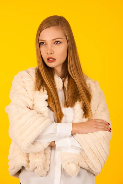 Krásy portrét ženy v kožešinové zimní bundu přes žluté pozadí — Stock fotografie