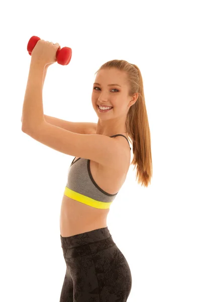 Schöne junge fitte Frau trainiert mit Hanteln isoliert über — Stockfoto