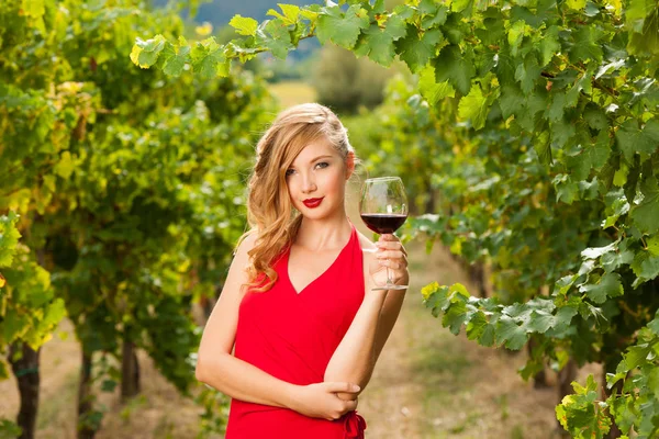 魅力的なスタイリッシュな女性はヴィンヤードの赤ワインのグラスを飲む — ストック写真