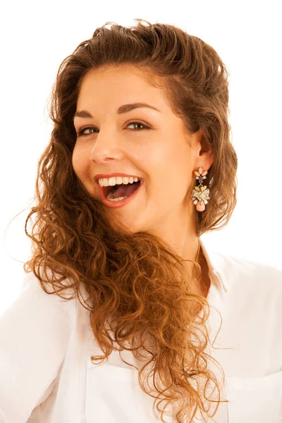 Atraente jovem mulher com lindo sorriso isolado sobre branco b — Fotografia de Stock