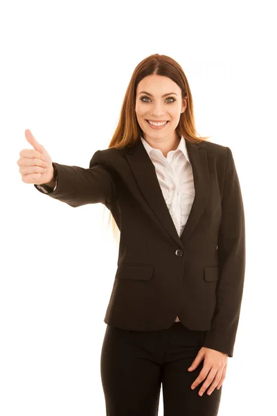 Attractive business woman showing thumb up as a gesture for succ — Stock Photo, Image