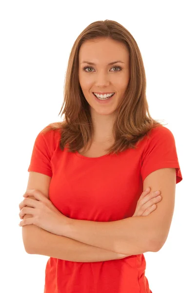 Portrait of a happy young woman in red t shirt isolated over whi Stock Photo