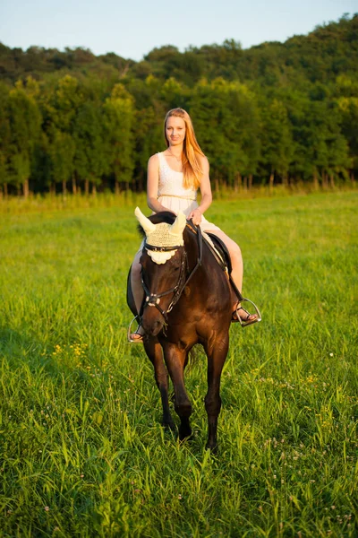 活跃的年轻女子骑一匹马在自然 — 图库照片
