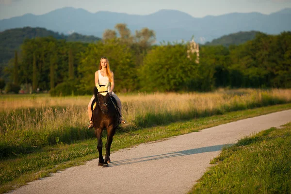 Mujer joven activa montar a caballo en la naturaleza —  Fotos de Stock