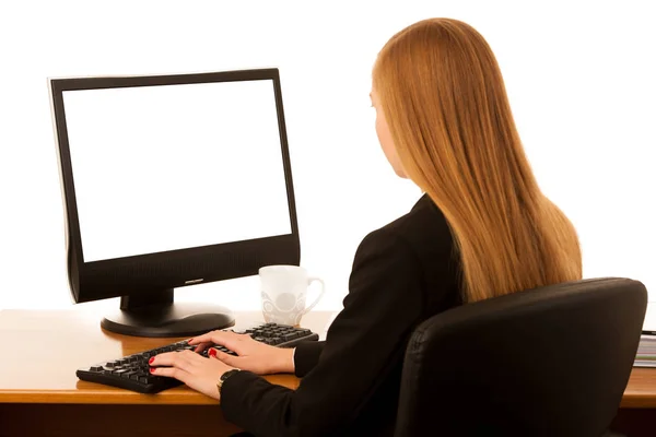 Beautiful young business woman works in office with big copy spa — Stock Photo, Image