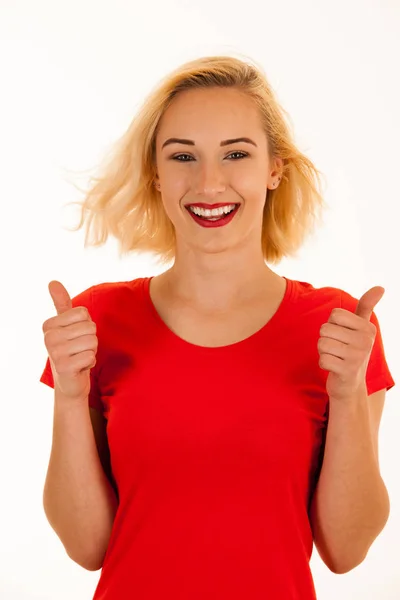 Attractive blonde woman shows thumb up as a gesture for success — Stock Photo, Image