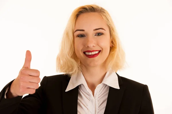 Atraktivní blondýnka ukazuje palcem jako gesto pro úspěch — Stock fotografie
