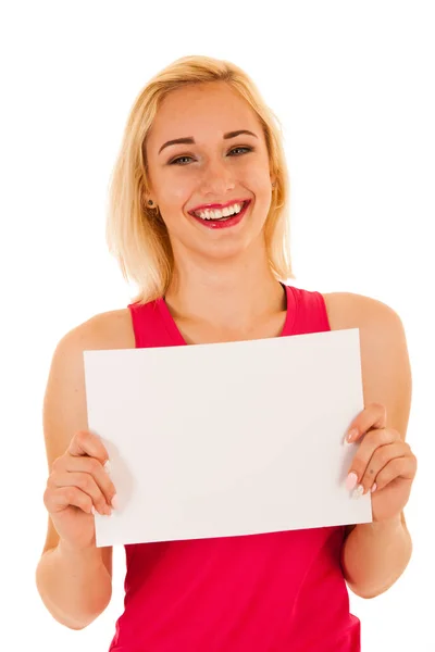Active sporty woman holds white banner with copy space for addit — Stock Photo, Image