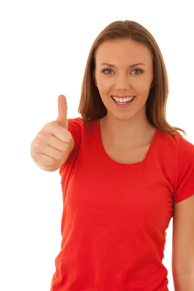 Portrait of a happy young woman in red t shirt showing thumb up — Stock Photo, Image