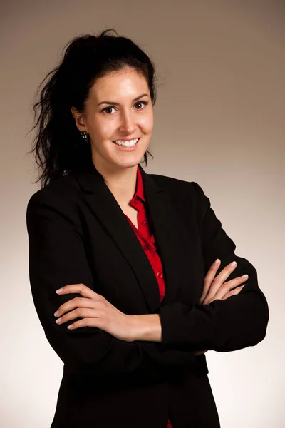 Corporate Portrait Beautiful Young Hispanic Woman Drak Brown Curly Hair — Stock Photo, Image