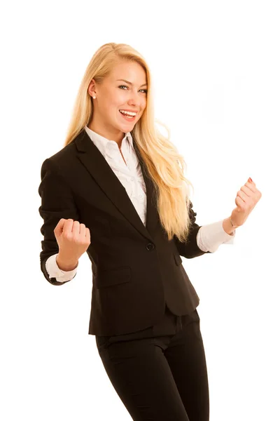 Beautiful business woman gesture success with arms up isolated o — Stock Photo, Image